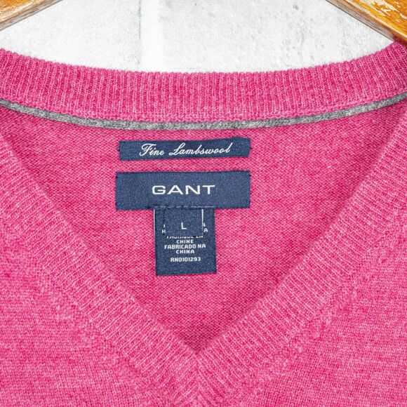 GANT Size Large Fine Lambswool Vneck Pullover Sweater in Pink Knit - Picture 2 of 7